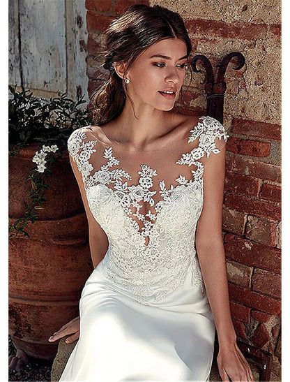 Beach Open Back Wedding Dresses Mermaid / Trumpet Illusion Neck Cap Sleeve Court Train Chiffon Bridal Gowns With Appliques Summer Fall Wedding Party