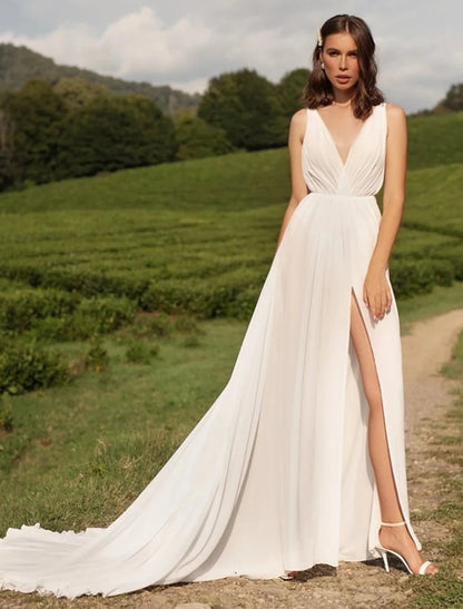 Reception Sexy Casual Wedding Dresses A-Line V Neck Sleeveless Court Train Chiffon Bridal Gowns With Split Front