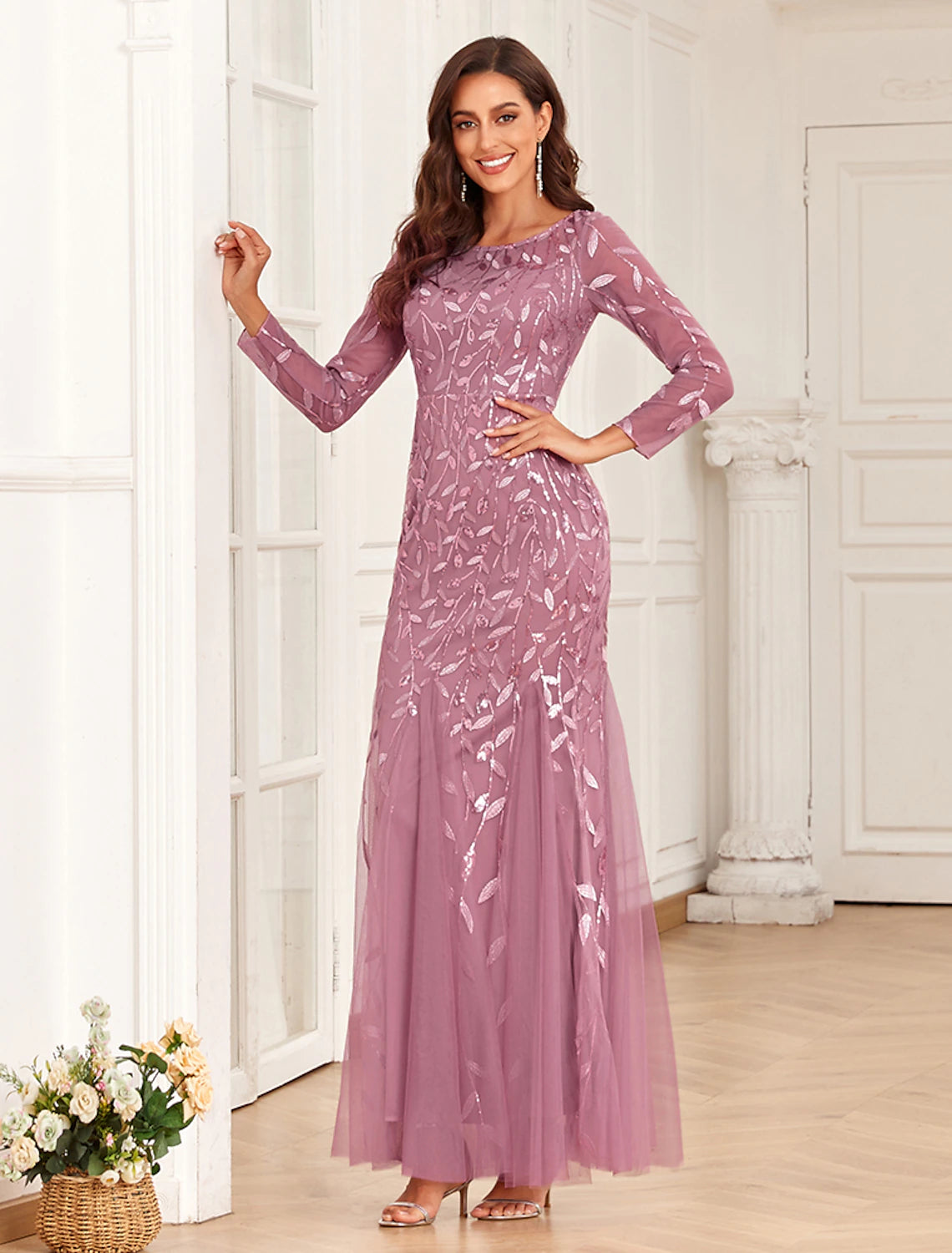 Mermaid / Trumpet Evening Gown Elegant Dress Prom Floor Length Long Sleeve Jewel Neck Tulle with Embroidery