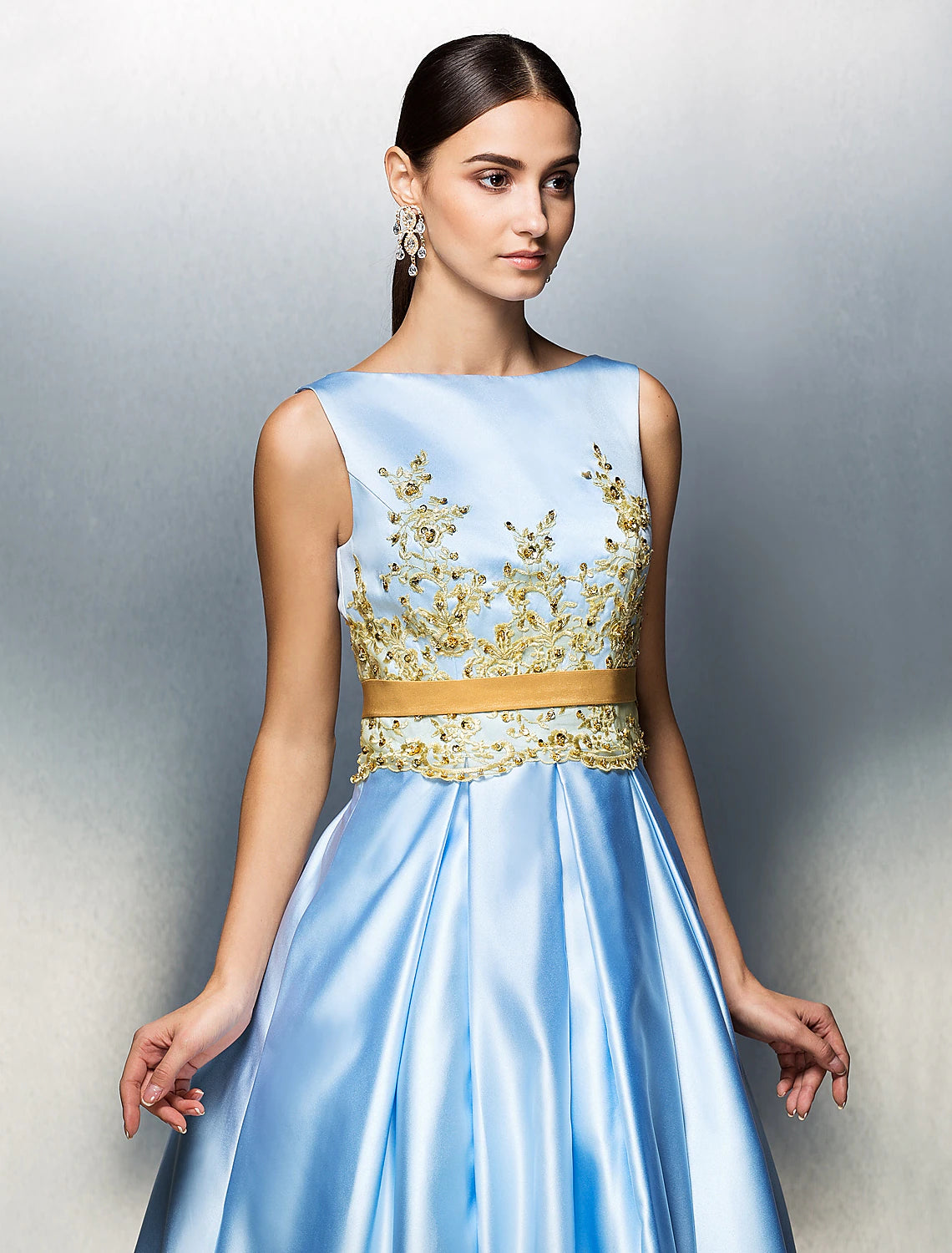 A-Line Party Dress Wedding Guest Tea Length Sleeveless Jewel Neck Satin V Back with Pleats Appliques