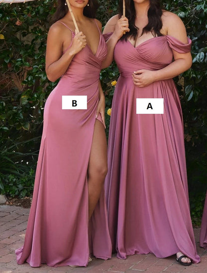 A-Line Bridesmaid Dress Off Shoulder Sleeveless Pink Floor Length Chiffon with Split Front / Ruching