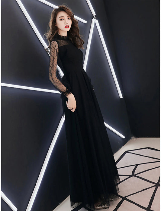 A-Line Little Black Dress Elegant Party Wear Prom Dress High Neck Long Sleeve Floor Length Lace with Ruffles