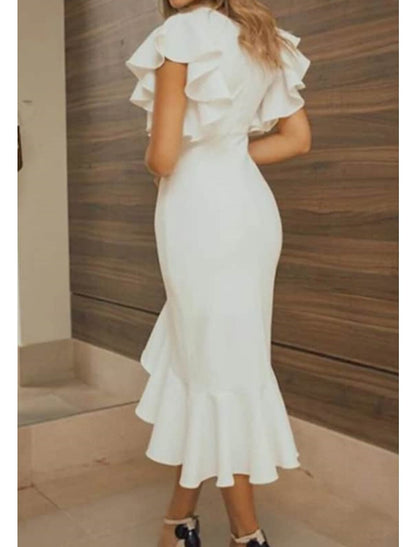 Mermaid / Trumpet Wedding Guest Dresses Elegant Dress Wedding Party Semi Formal Asymmetrical Short Sleeve V Neck Polyester with Ruffles Pure Color