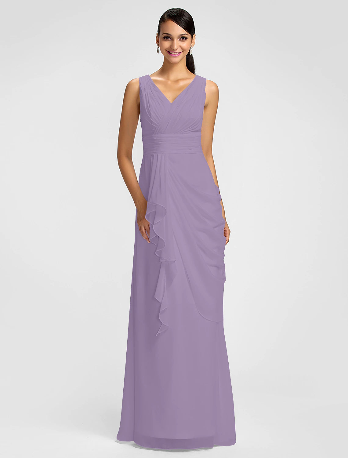 Sheath / Column V Neck Floor Length Chiffon Bridesmaid Dress with Draping / Sash / Ribbon / Side Draping