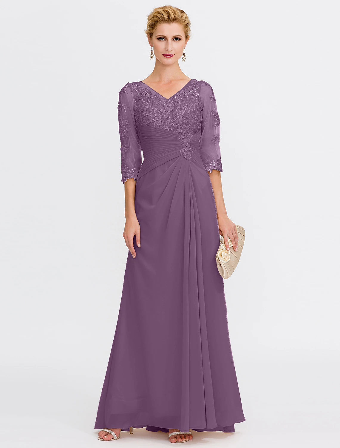 A-Line Mother of the Bride Dress Plus Size Elegant See Through V Neck Floor Length Chiffon Half Sleeve with Appliques Side Draping