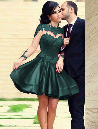 A-Line Hot Cocktail Party Prom Valentine's Day Dress Jewel Neck Long Sleeve Short / Mini Lace with Pleats Appliques