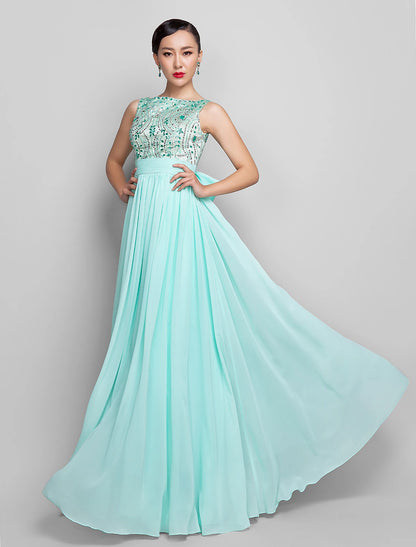 A-Line Beaded & Sequin Holiday Cocktail Party Prom Dress Scoop Neck Sleeveless Floor Length Chiffon with Bow(s) Ruched Beading