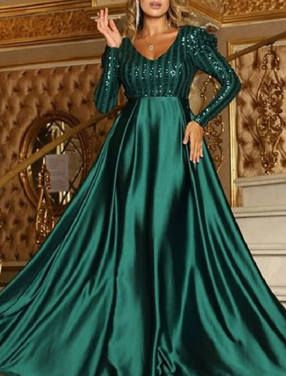 A-Line Sparkly Engagement Formal Evening Christmas Red Green Dress V Neck Long Sleeve Court Train Polyester with Sequin