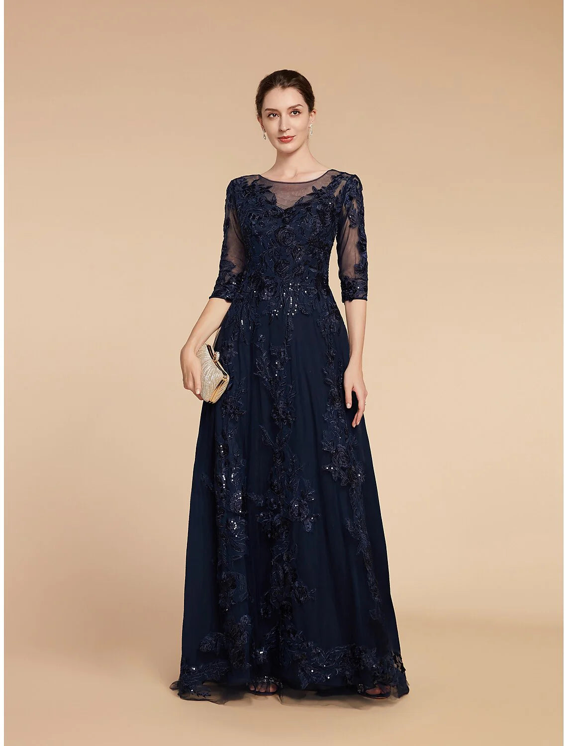 A-Line Mother of the Bride Dress Formal Wedding Guest Elegant Party Scoop Neck Floor Length Chiffon Lace 3/4 Length Sleeve with Sequin Applique