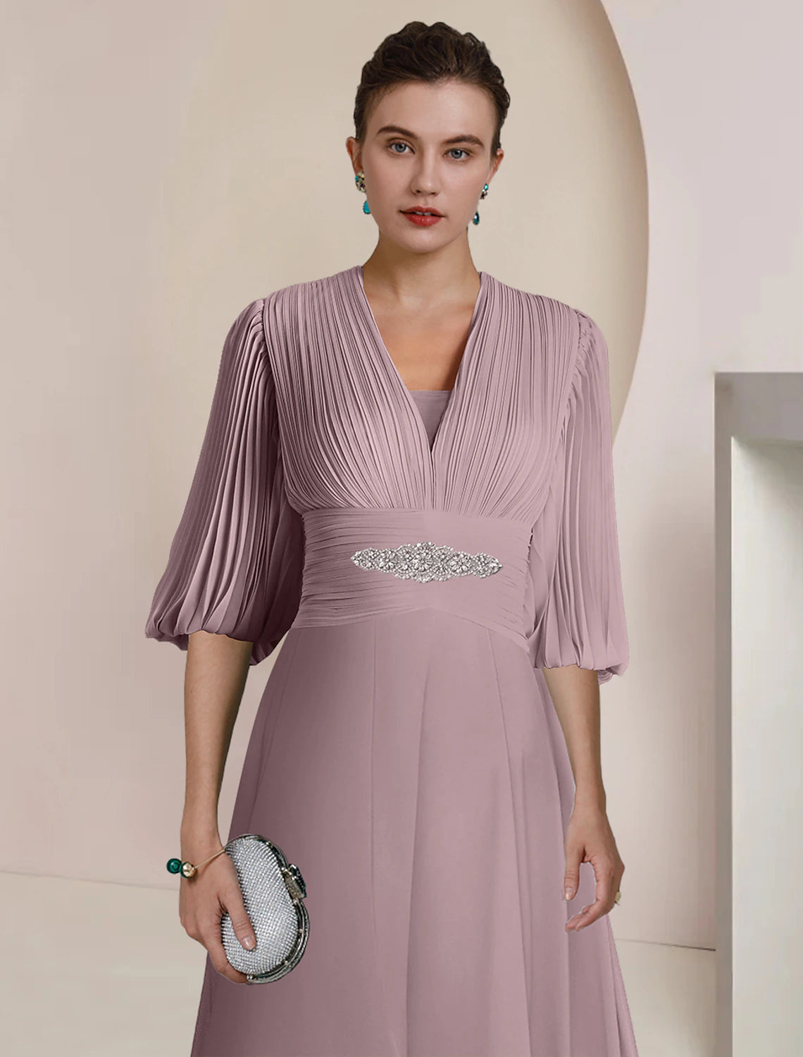 A-Line Mother of the Bride Dress Formal Wedding Guest Party Vintage Elegant V Neck Tea Length Chiffon 3/4 Length Sleeve with Pleats Crystals