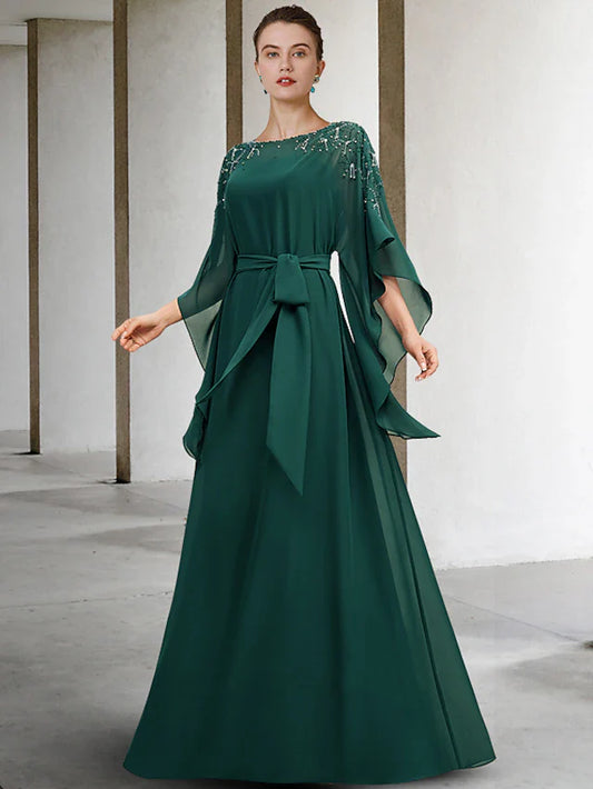 A-Line Mother of the Bride Dress Luxurious Elegant Jewel Neck Floor Length Chiffon Half Sleeve with Sash / Ribbon Beading