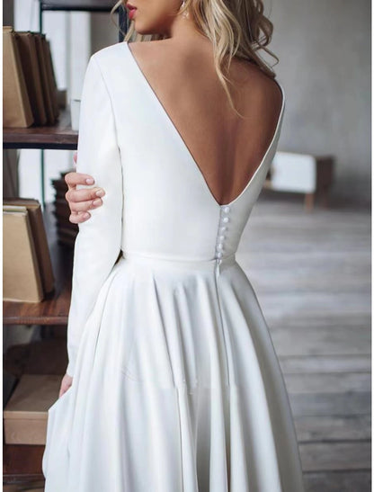 A-Line Evening Gown Open Back Dress Formal Wedding Guest Asymmetrical Long Sleeve Jewel Neck Stretch Fabric with Buttons Pleats