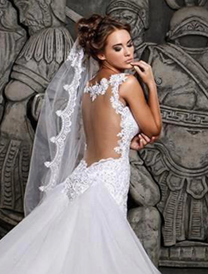 Engagement Open Back Formal Wedding Dresses Mermaid / Trumpet Sweetheart Cap Sleeve Court Train Lace Bridal Gowns