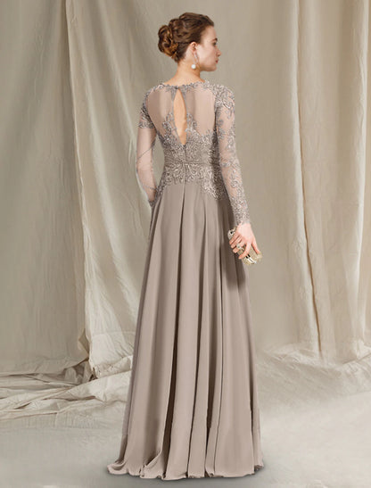 A-Line Mother of the Bride Dress Luxurious Elegant Jewel Neck Floor Length Chiffon Lace Long Sleeve with Pleats Appliques