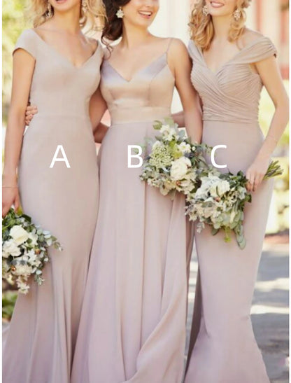 A-Line Bridesmaid Dress V Neck Sleeveless Elegant Floor Length Stretch Chiffon with Ruching