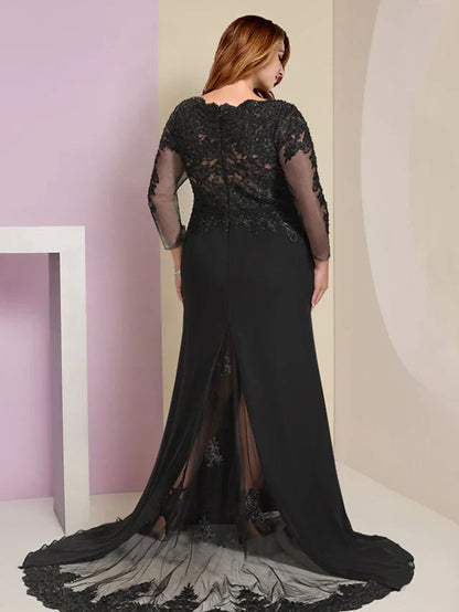 Plus Size Curve Mother of the Bride Dress Wedding Guest Vintage Party V Neck Court Train Chiffon Lace Long Sleeve with Sequin