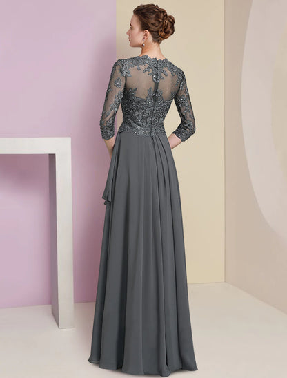 A-Line Mother of the Bride Dress Formal Luxurious Elegant V Neck Floor Length Chiffon Lace Half Sleeve with Pleats Beading Appliques