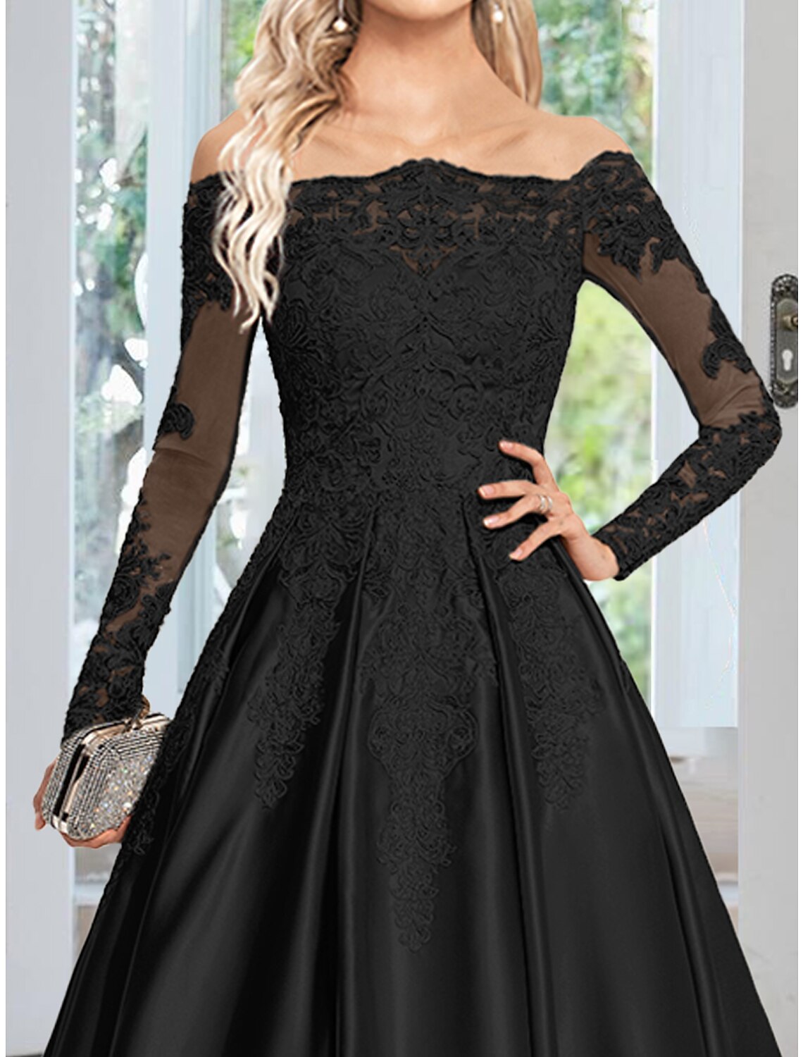 A-Line Evening Gown Floral Dress Formal Court Train Long Sleeve Off Shoulder Satin with Appliques