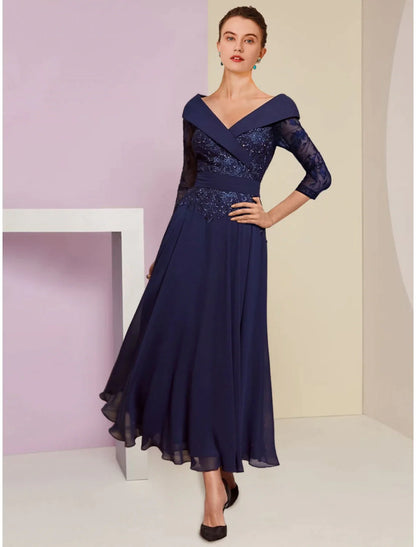 A-Line Mother of the Bride Dress Wedding Guest Elegant V Neck Ankle Length Chiffon 3/4 Length Sleeve with Lace Pleats Sequin