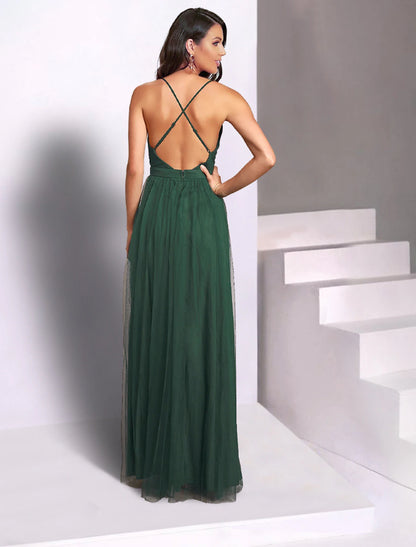 A-Line Wedding Guest Dresses Open Back Dress Party Wear Wedding Party Floor Length Sleeveless Spaghetti Strap Bridesmaid Dress Tulle with Pleats