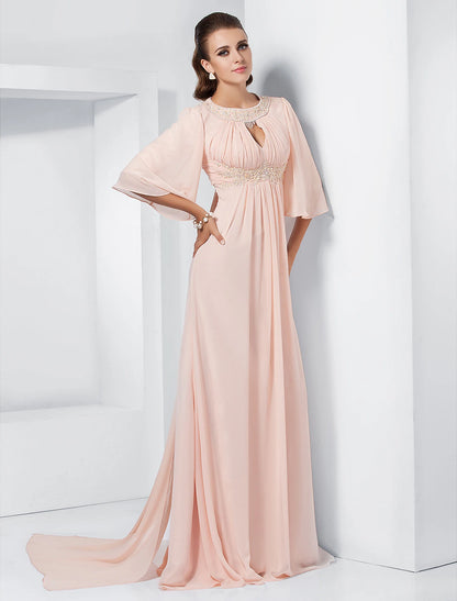 A-Line Special Occasion Dresses Elegant Dress Wedding Guest Formal Evening Sweep / Brush Train Half Sleeve Jewel Neck Chiffon with Beading Draping