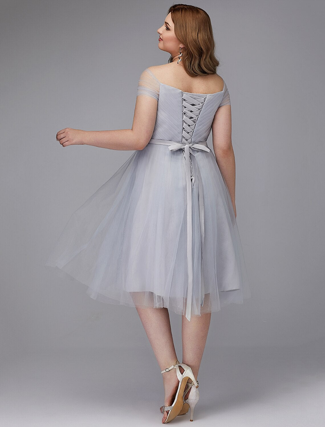 A-Line Elegant Dress Wedding Guest Tea Length Short Sleeve Off Shoulder Tulle with Sash / Ribbon