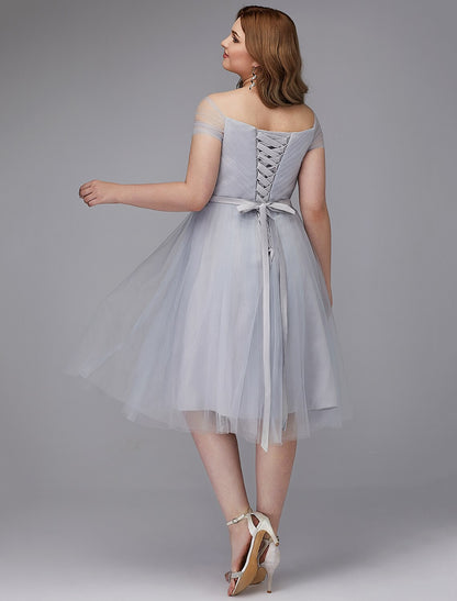 A-Line Elegant Dress Wedding Guest Tea Length Short Sleeve Off Shoulder Tulle with Sash / Ribbon