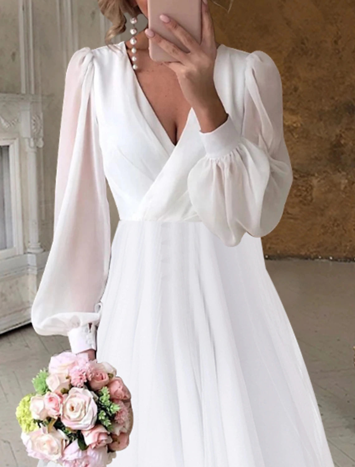 Bridal Shower Fall Wedding Dresses Little White Dresses Casual A-Line V Neck Long Sleeve Asymmetrical Chiffon Bridal Gowns With Solid Color Summer Wedding Party