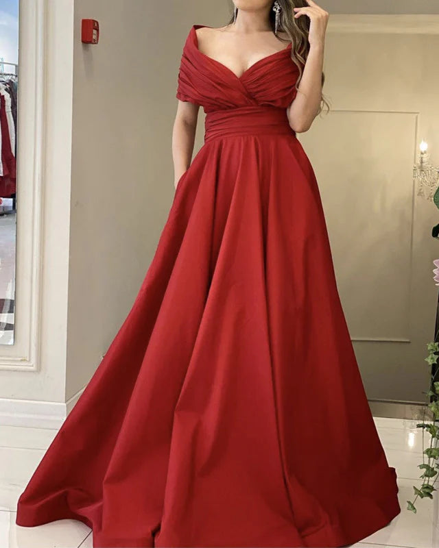 A-line Off The Shoulder Dresses Satin Long Prom Dresses