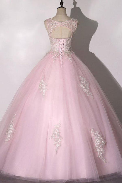 Tulle Ball Gown Pink Prom Dress Applique Evening Dress