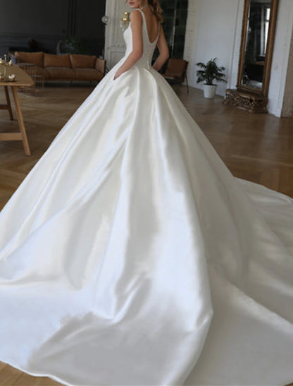 Royal Style Formal Wedding Dresses Ball Gown Square Neck Sleeveless Chapel Train Satin Bridal Gowns With Solid Color