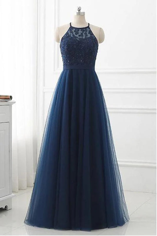 A-line Lace High Neck Tulle Long Prom Dress Evening Dresses