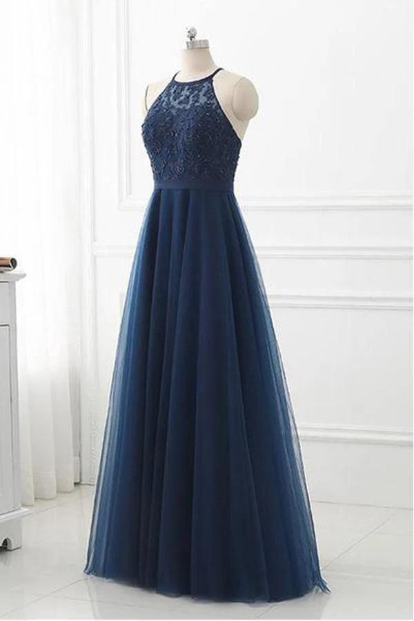 A-line Lace High Neck Tulle Long Prom Dress Evening Dresses