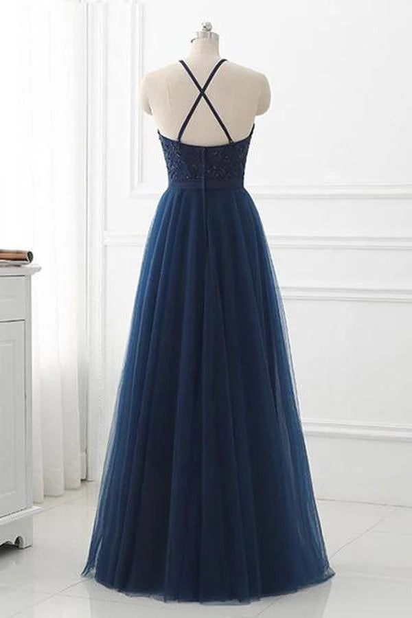 A-line Lace High Neck Tulle Long Prom Dress Evening Dresses