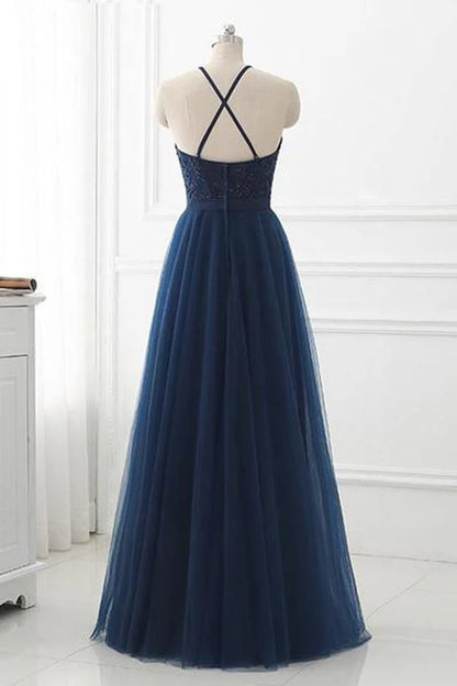 A-line Lace High Neck Tulle Long Prom Dress Evening Dresses