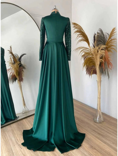 Sheath / Column Evening Gown Sparkle & Shine Dress Formal Sweep / Brush Train Long Sleeve Jewel Neck Satin with Pleats Ruched Sequin