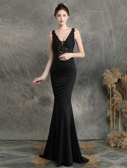 Mermaid / Trumpet Evening Gown Elegant Dress Formal Sweep / Brush Train Sleeveless V Neck Cotton Blend with Beading Appliques