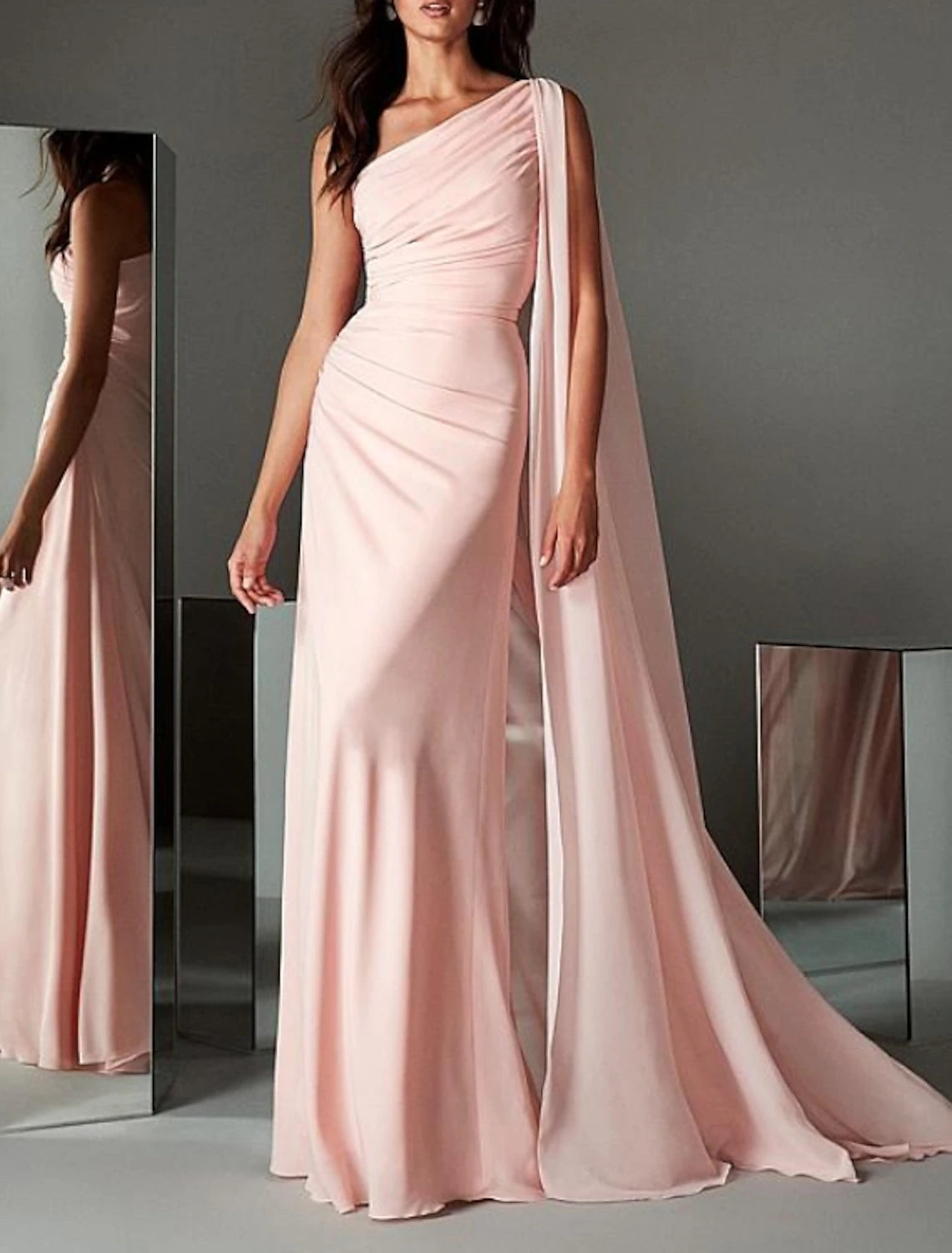 Sheath / Column Evening Gown Elegant Dress Engagement Formal Evening Sweep / Brush Train Sleeveless One Shoulder Chiffon with Sleek