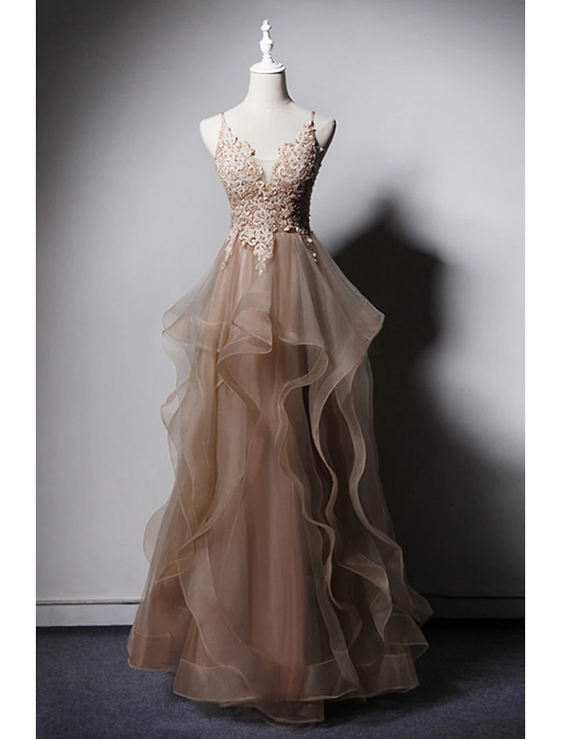 A-Line Prom Dresses Sexy Dress Formal Floor Length Sleeveless Spaghetti Strap Lace with Ruffles Appliques