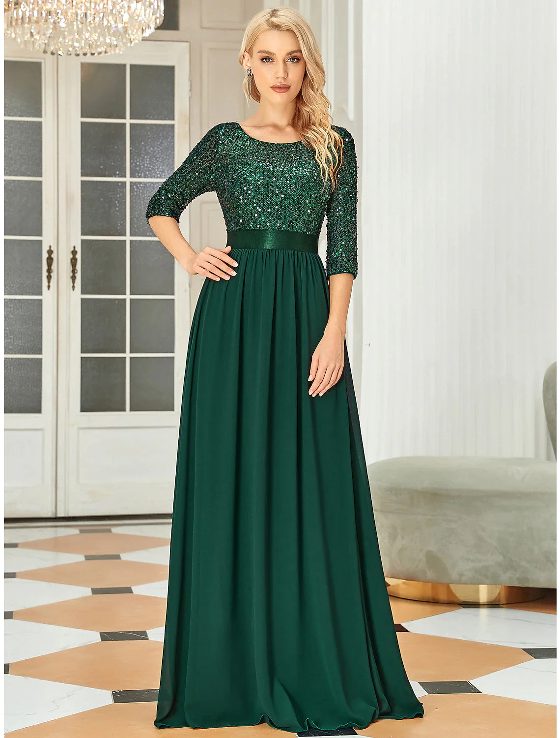 A-Line Mother of the Bride Dress Wedding Guest Plus Size Elegant Jewel Neck Floor Length Tulle Sequined 3/4 Length Sleeve with Sequin Fall