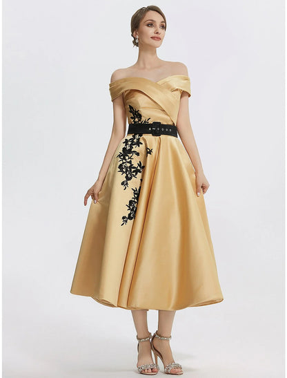 A-Line Cocktail Dresses Elegant Dress Formal Prom Tea Length Sleeveless Off Shoulder Satin with Appliques