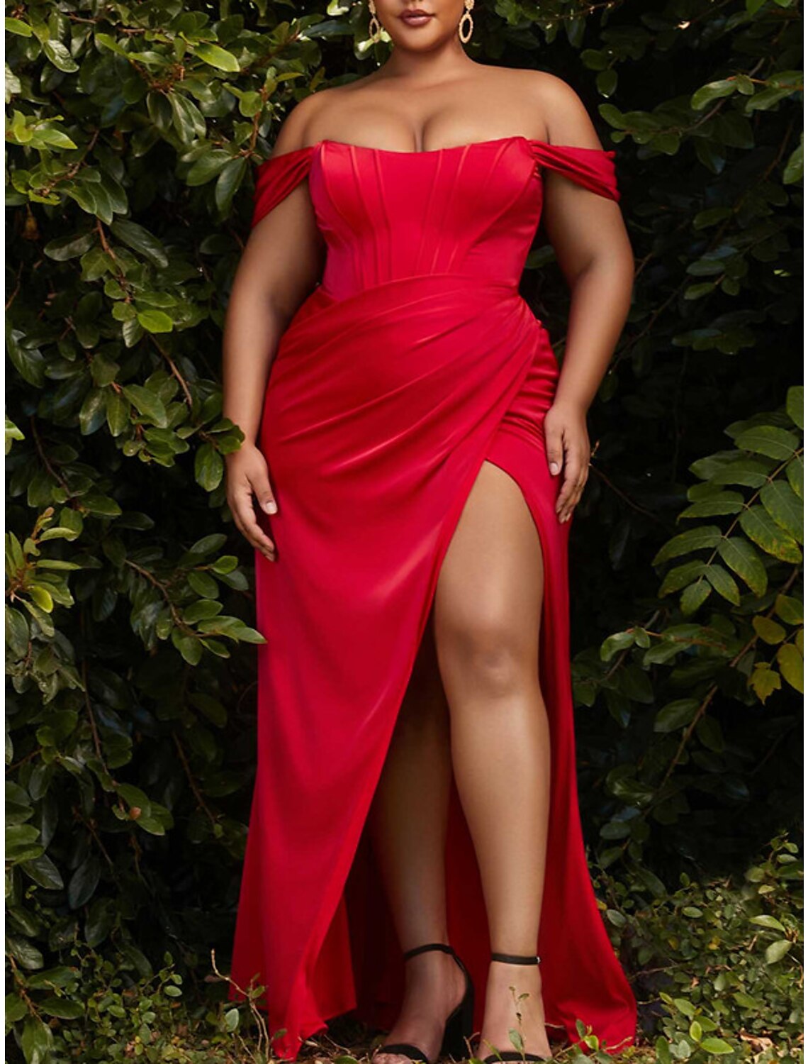 Mermaid / Trumpet Plus Size Curve Formal Dresses Corsets Dress Formal Wedding Guest Floor Length Sleeveless Off Shoulder Charmeuse with Ruched Slit