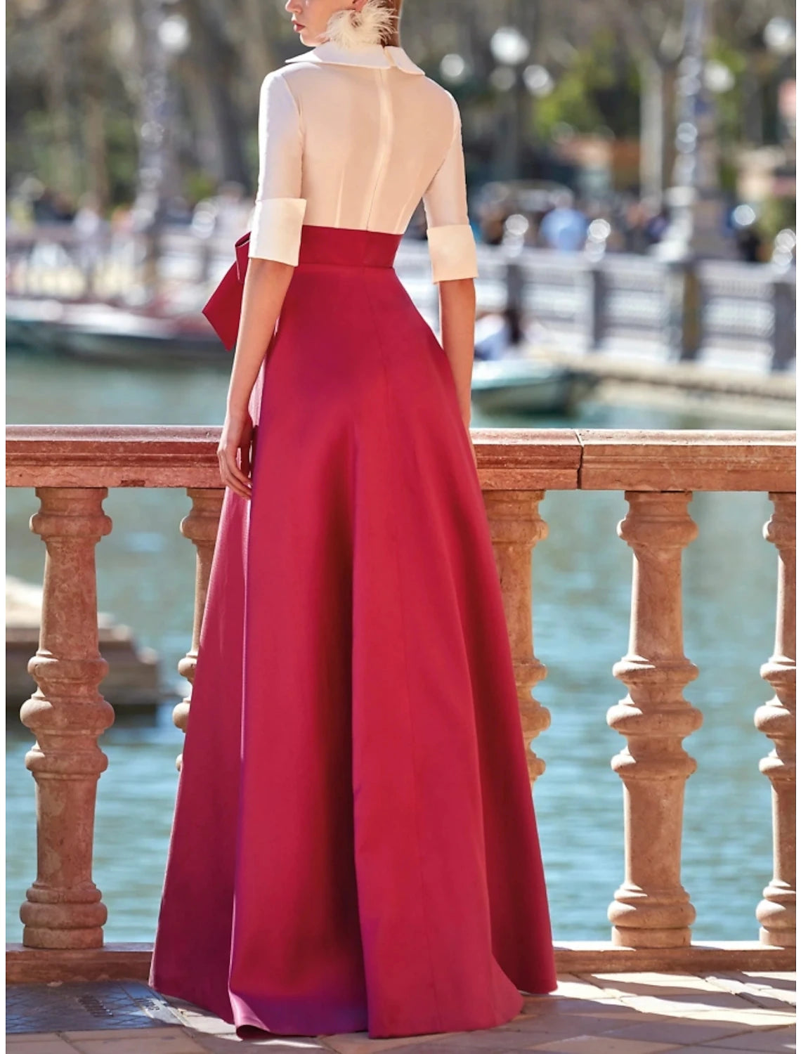 A-Line Evening Gown Elegant Dress Formal Floor Length Half Sleeve V Neck Satin with Bow(s) Pleats