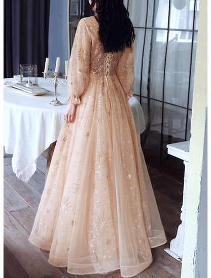 A-Line Glittering Elegant Engagement Formal Evening Dress High Neck Long Sleeve Floor Length Tulle with Sequin