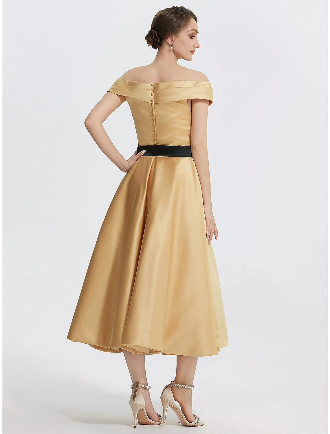 A-Line Cocktail Dresses Elegant Dress Formal Prom Tea Length Sleeveless Off Shoulder Satin with Appliques