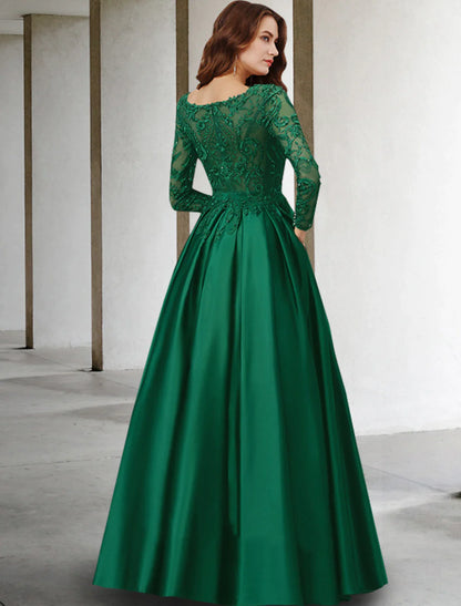 A-Line Mother of the Bride Dress Luxurious Elegant V Neck Floor Length Chiffon Lace Long Sleeve with Pleats Appliques