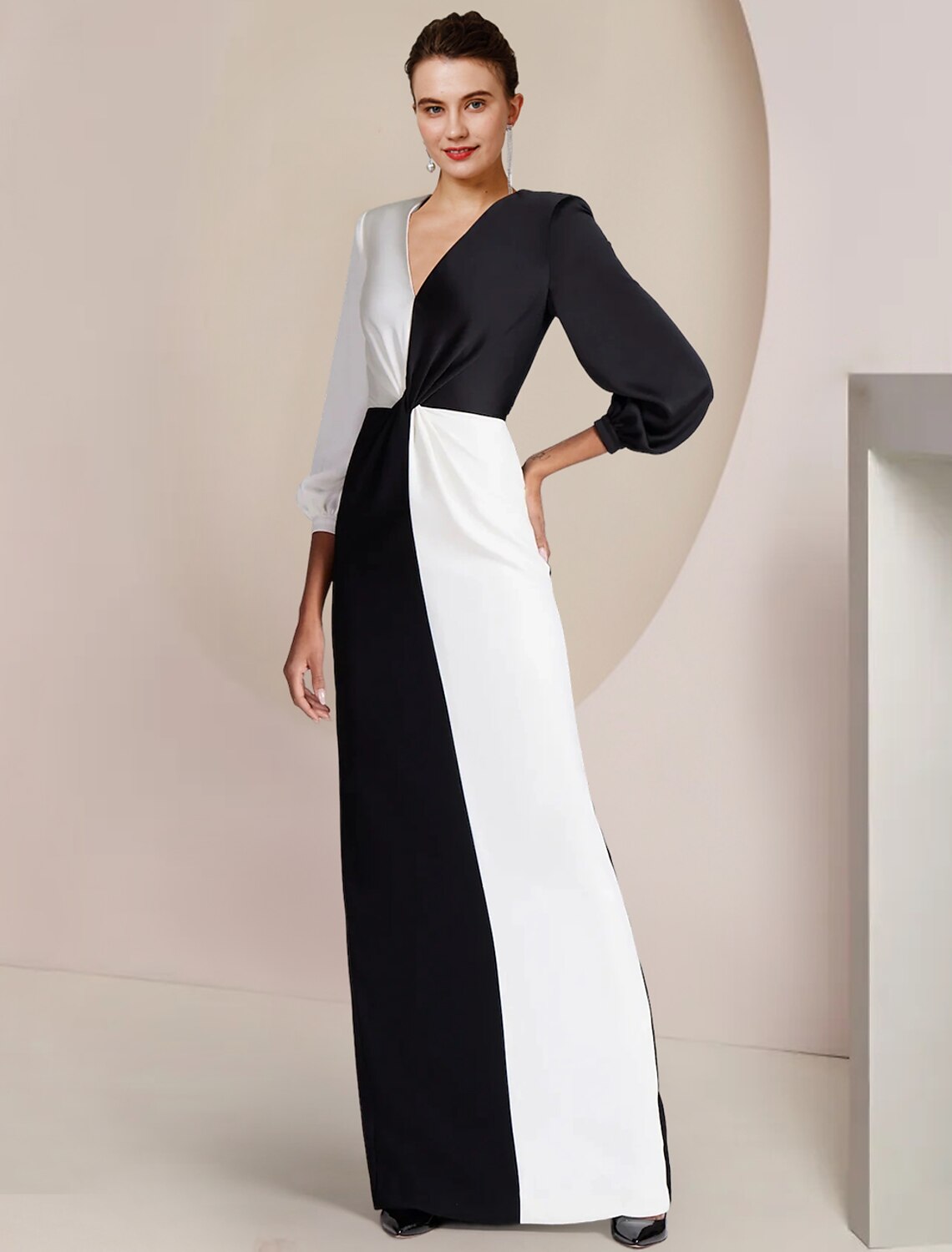 Sheath / Column Mother of the Bride Dress Formal Wedding Guest Party Elegant V Neck Floor Length Stretch Satin 3/4 Length Sleeve with Color Block