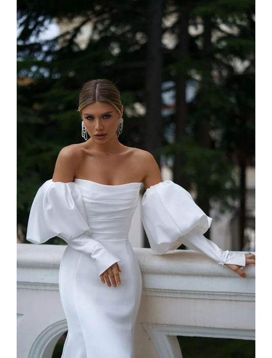 Hall Casual Wedding Dresses Mermaid / Trumpet Off Shoulder Long Sleeve Court Train Satin Bridal Gowns With Ruched Solid Color