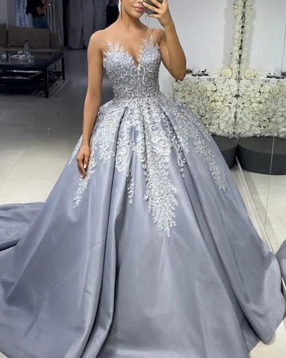 A-line Satin Ball Gown Lace Embroidery Prom Dresses