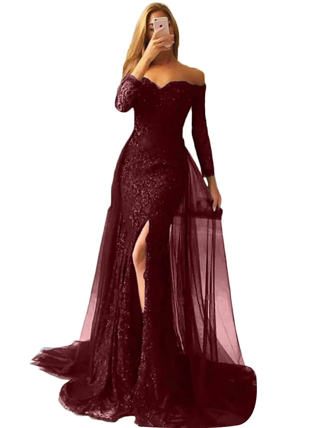 Mermaid Evening Gown Floral Carnival Dress Formal Wedding Sweep / Brush Train Long Sleeve Off Shoulder Fall Wedding Reception Chiffon with Slit Appliques